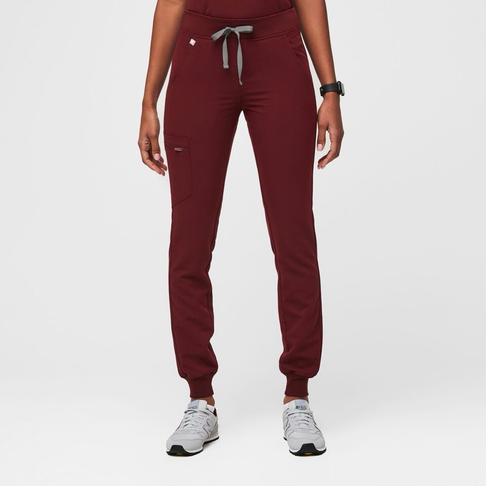 Figs Women's Track Joggers in Burgundy with Gray Drawstring